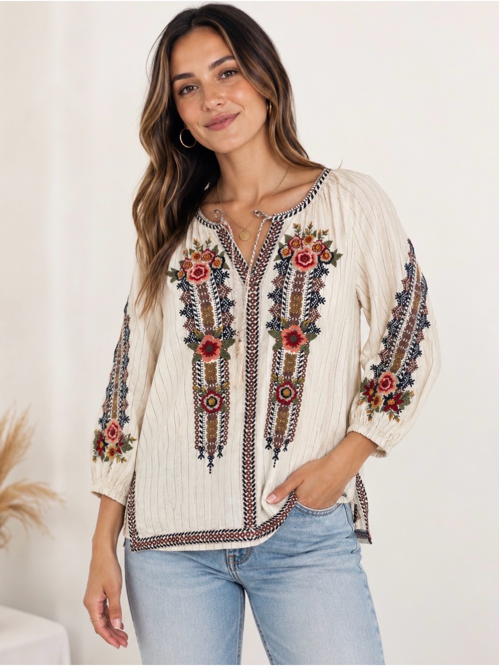 Johnny Was Workshop Embroidered Floral Boho Tunic Blouse Size S Cotton